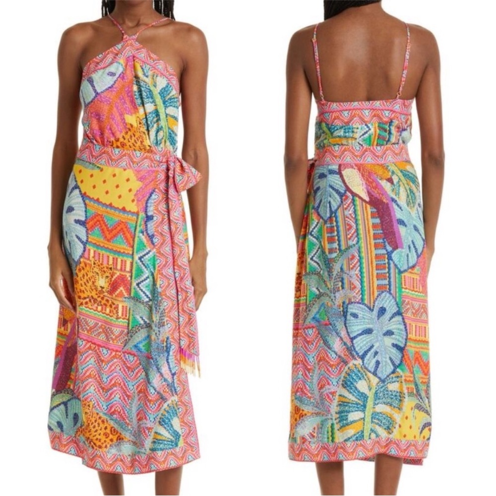 Farm Rio Summer Tapestry Tropical Halter Wrap Tie Dress